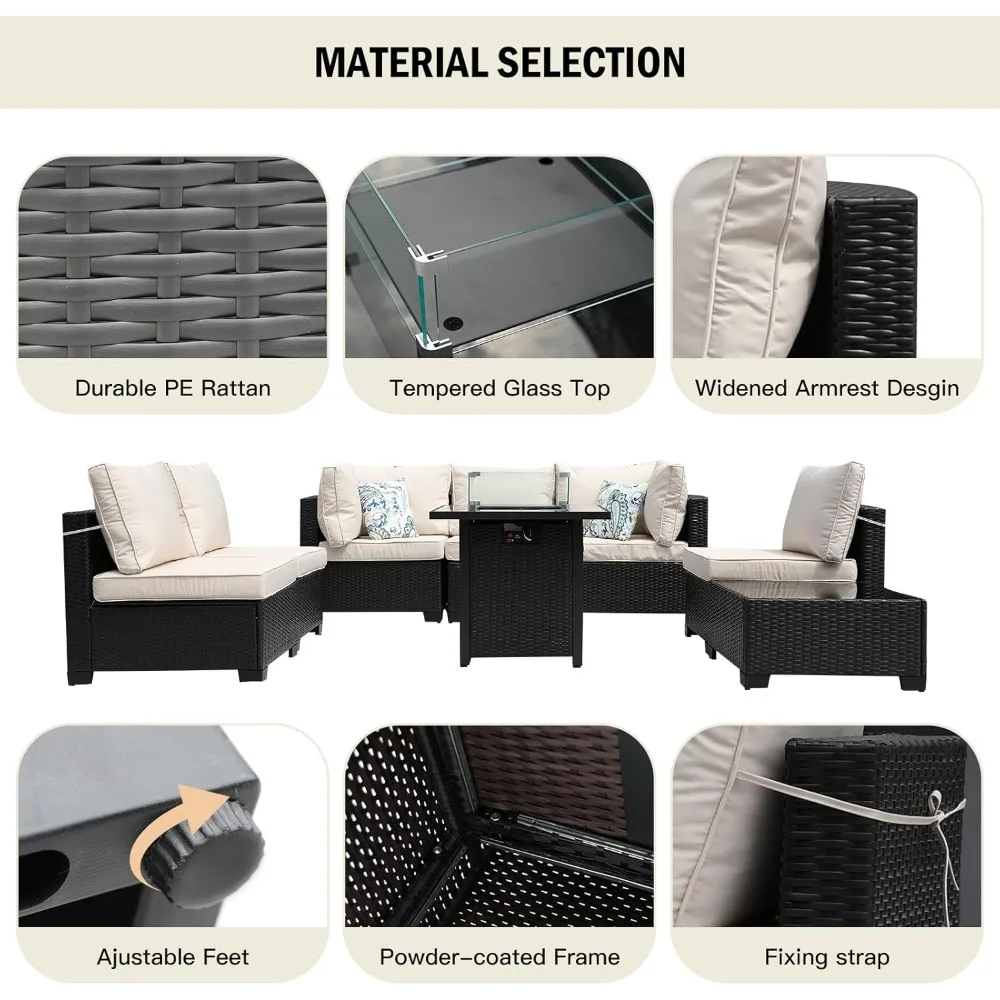 Outdoor Furniture Fire Pit - 8-Piece Patio Furniture Rattan Wicker Outdoor