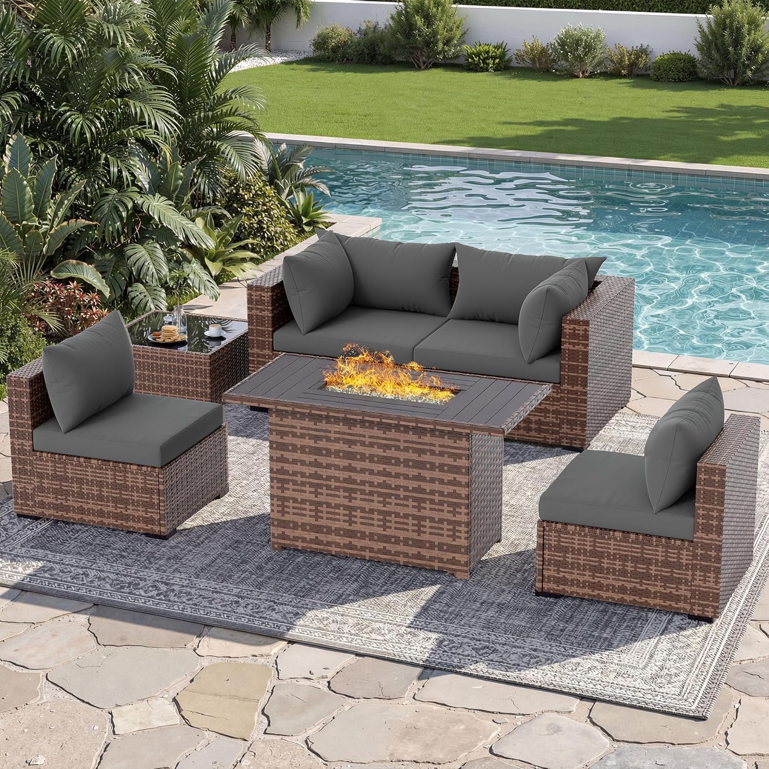 Outdoor Furniture Fire Pit - 5-Piece Outdoor Sectional Sofa Set with