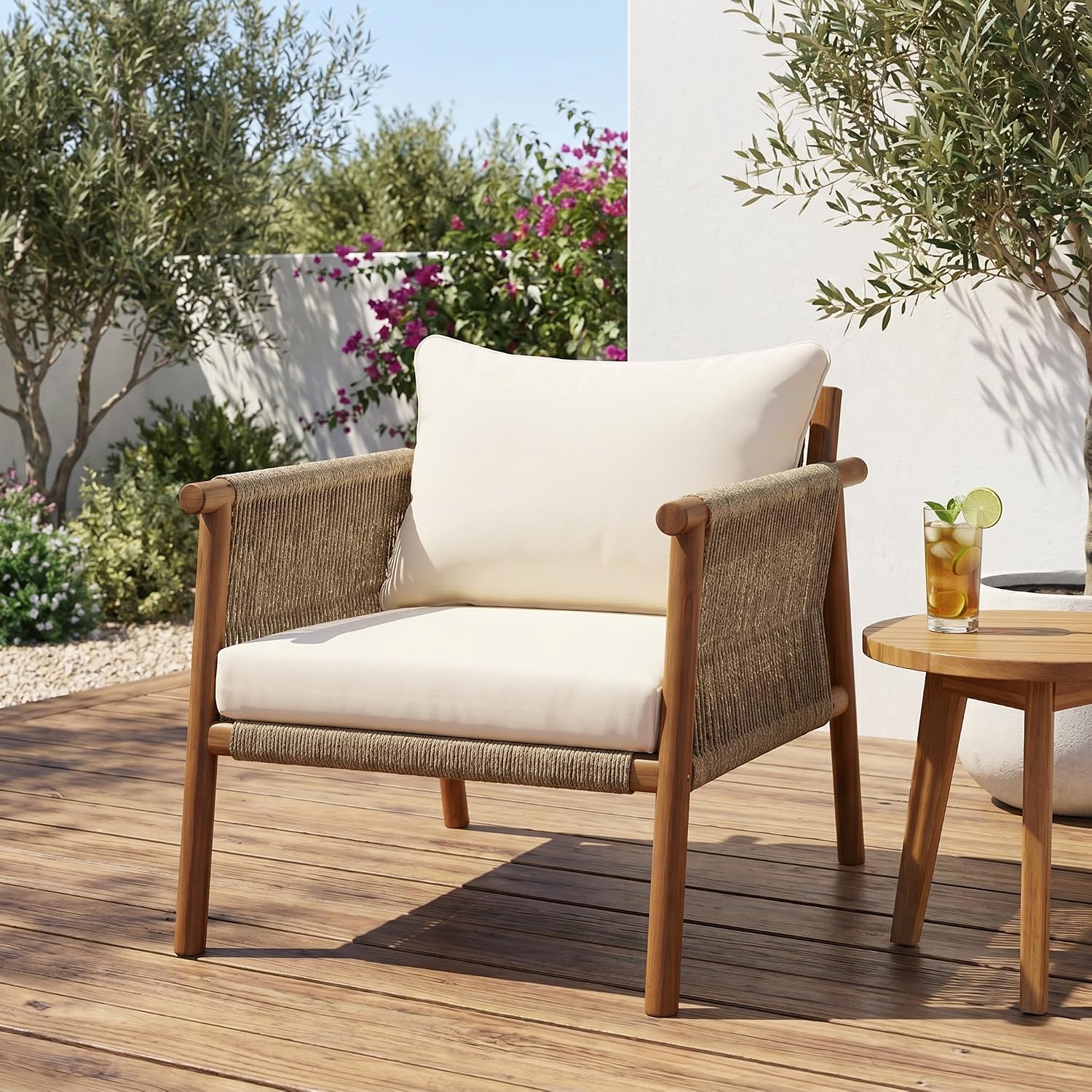 Deck Chair Lounger - Outdoor Solid Wood Armchair Rope Woven