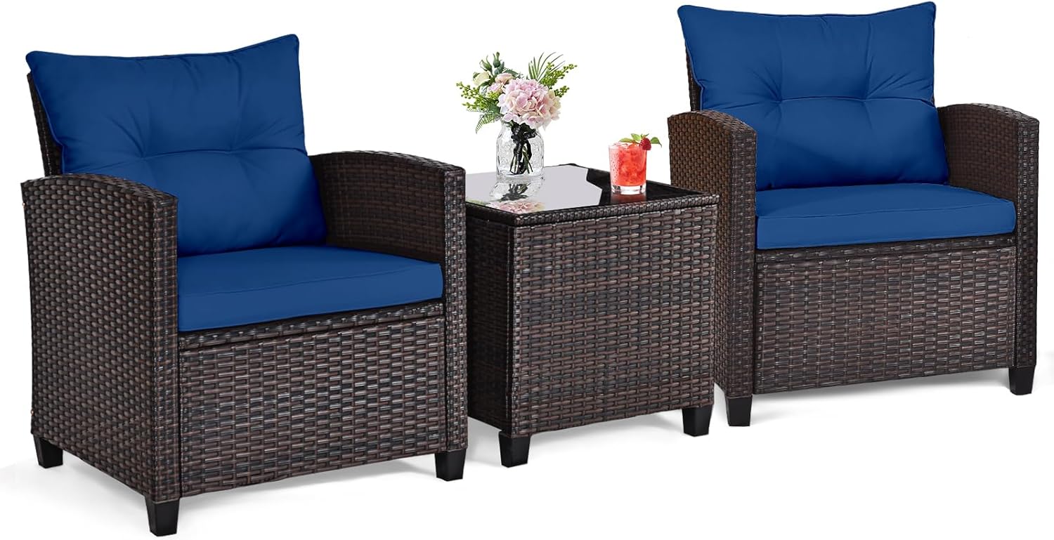 Navy blue rattan wicker 3-piec - Outdoor Furniture Table And Chairs recension och pris